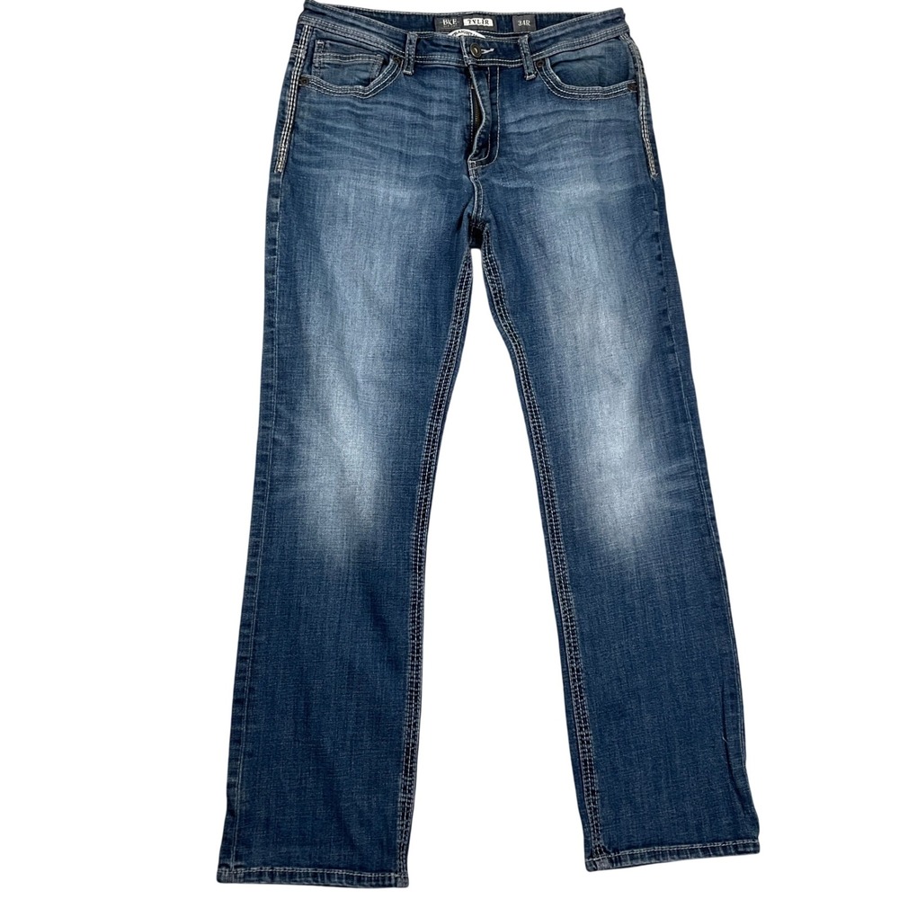 BKE‎ Jeans Mens 34RW 30L Blue TYLER Straight Leg Sunburst Fade Distressed Denim